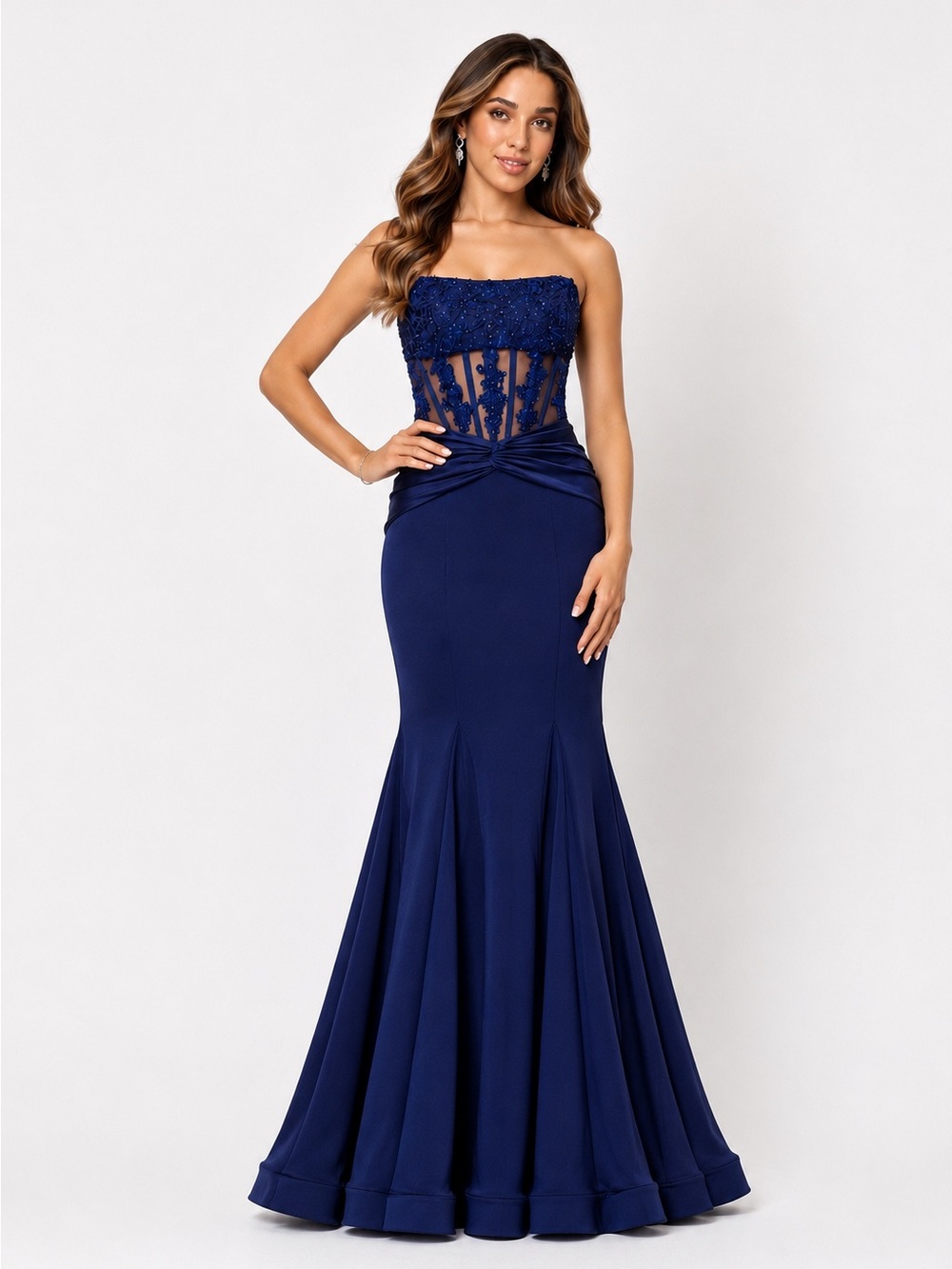 Blondie Nites 5388BN Navy Strapless Mermaid Gown Beaded Corset Prom Dress Sz 9